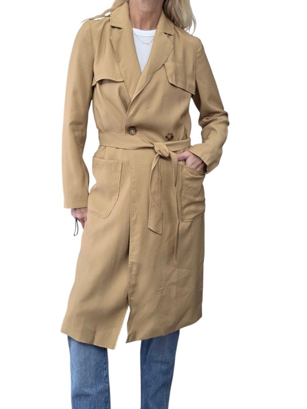 NWT Sezane Camel Beige Belted Trench Coat FR 34 XS Lined Storm Flap